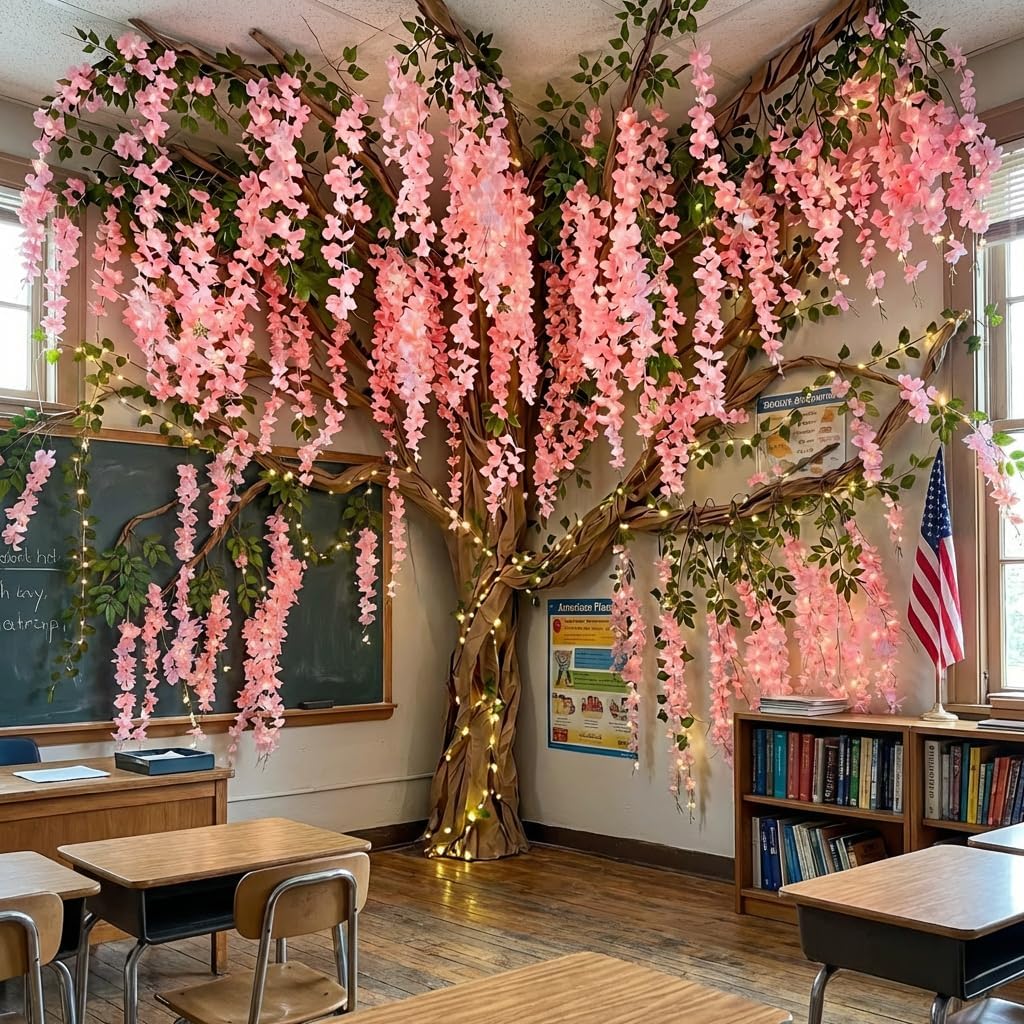 3D Classroom Tree Wisteria Tree Ceiling Decor with Light, Back to School Classroom Bulletin Board Decor, 24 PCS Kraft Paper Fake Vine for Hanging Bedroom Indoor Aesthetic Decoration (White, Purple)