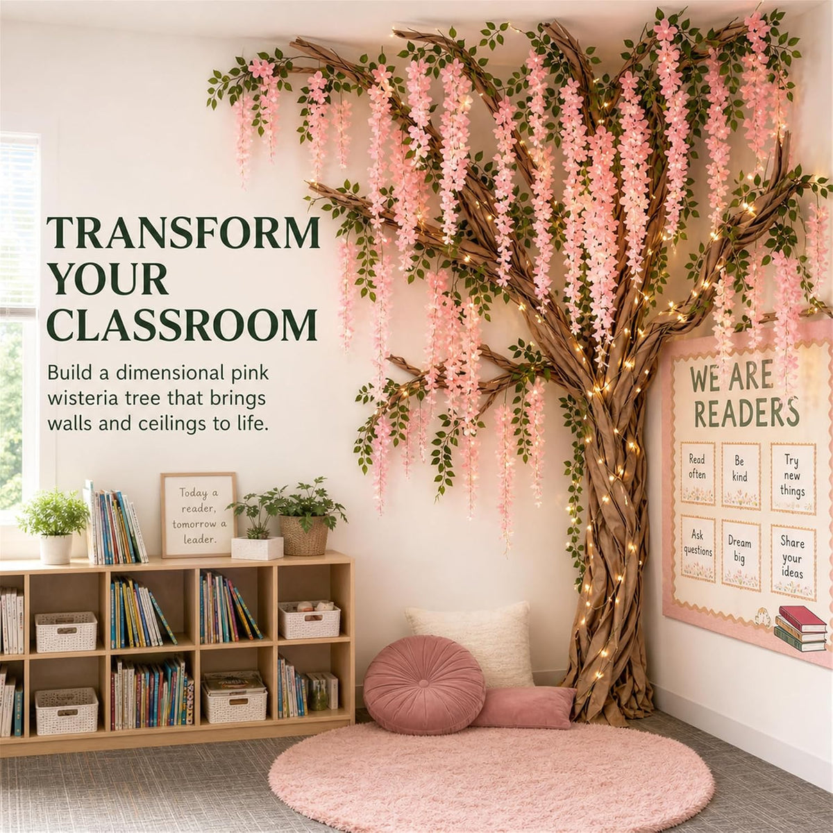3D Classroom Tree Wisteria Tree Ceiling Decor with Light, Back to School Classroom Bulletin Board Decor, 24 PCS Kraft Paper Fake Vine for Hanging Bedroom Indoor Aesthetic Decoration (White, Purple)
