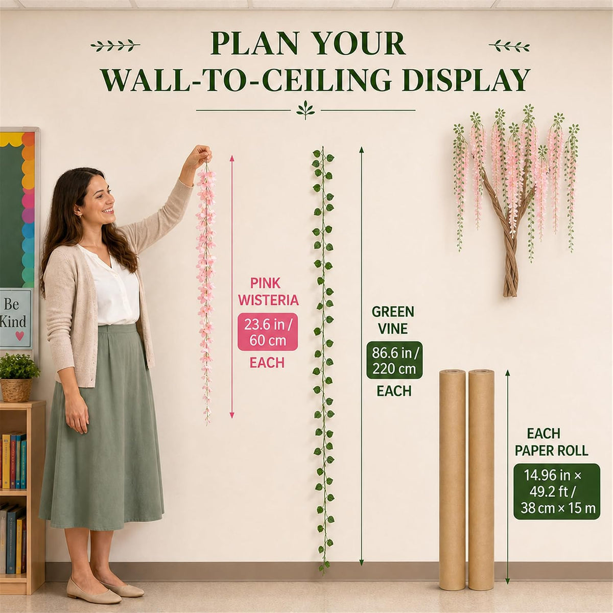 3D Classroom Tree Wisteria Tree Ceiling Decor with Light, Back to School Classroom Bulletin Board Decor, 24 PCS Kraft Paper Fake Vine for Hanging Bedroom Indoor Aesthetic Decoration (White, Purple)