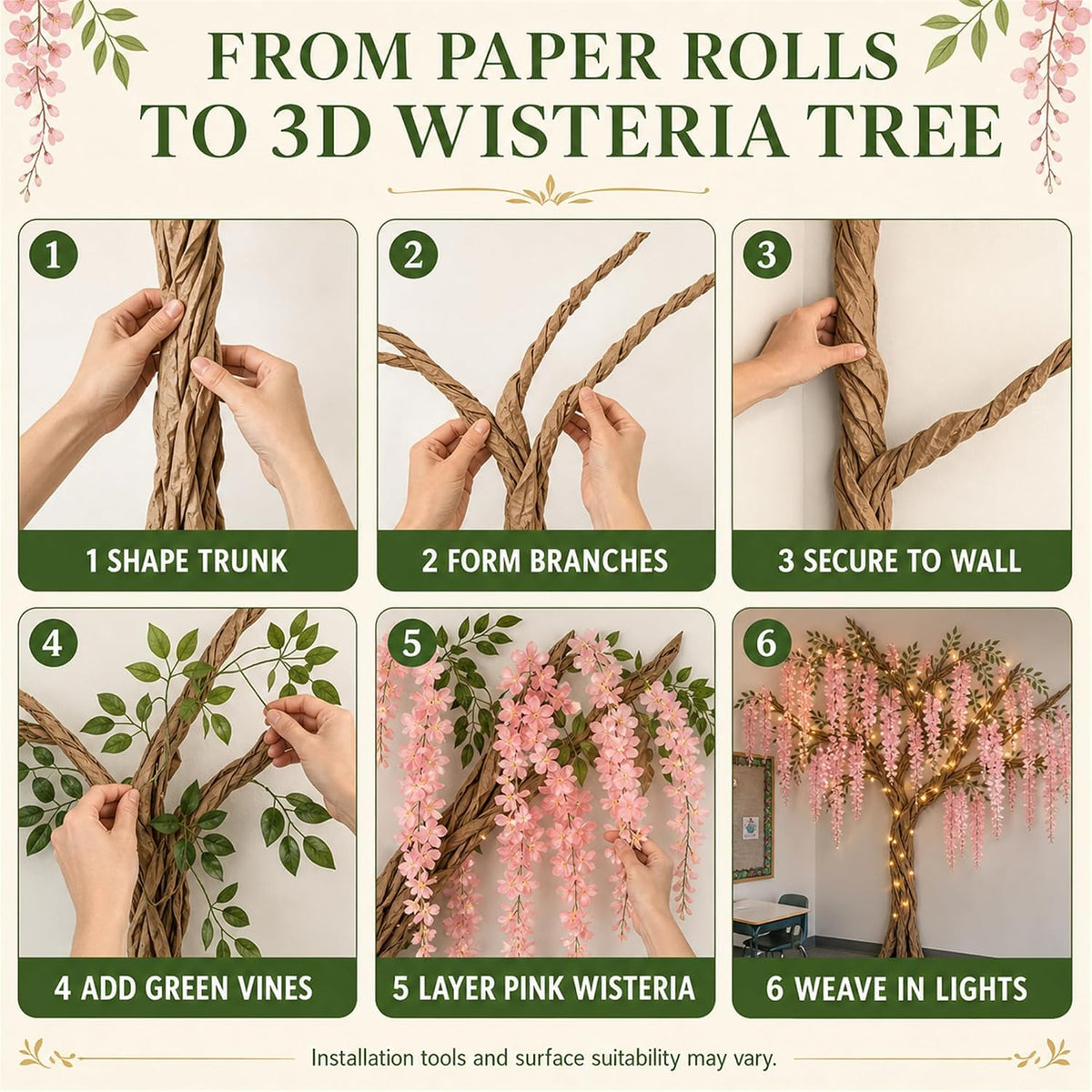 3D Classroom Tree Wisteria Tree Ceiling Decor with Light, Back to School Classroom Bulletin Board Decor, 24 PCS Kraft Paper Fake Vine for Hanging Bedroom Indoor Aesthetic Decoration (White, Purple)
