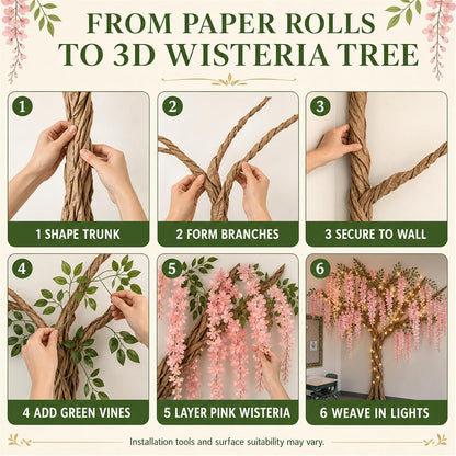 3D Classroom Tree Wisteria Tree Ceiling Decor with Light, Back to School Classroom Bulletin Board Decor, 24 PCS Kraft Paper Fake Vine for Hanging Bedroom Indoor Aesthetic Decoration (White, Purple)