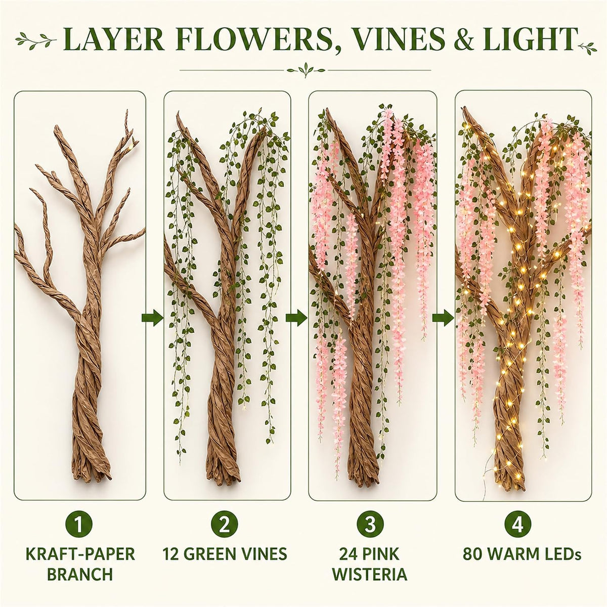 3D Classroom Tree Wisteria Tree Ceiling Decor with Light, Back to School Classroom Bulletin Board Decor, 24 PCS Kraft Paper Fake Vine for Hanging Bedroom Indoor Aesthetic Decoration (White, Purple)
