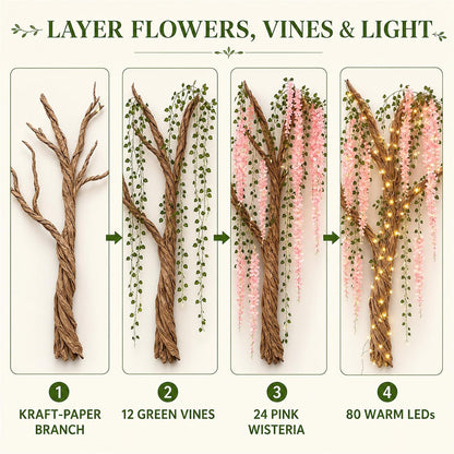 3D Classroom Tree Wisteria Tree Ceiling Decor with Light, Back to School Classroom Bulletin Board Decor, 24 PCS Kraft Paper Fake Vine for Hanging Bedroom Indoor Aesthetic Decoration (White, Purple)