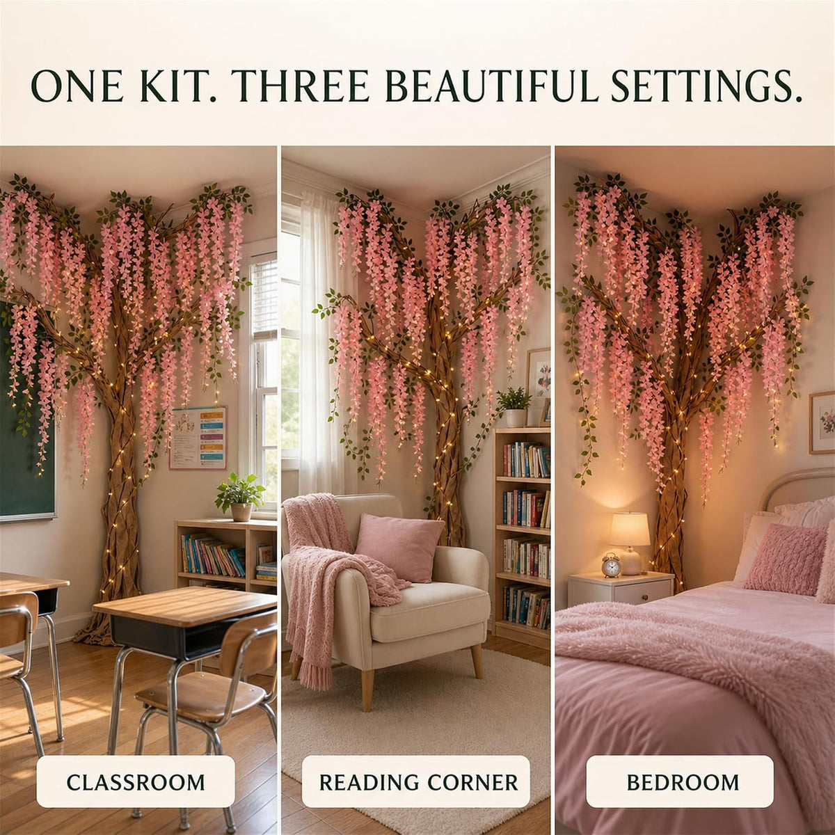 3D Classroom Tree Wisteria Tree Ceiling Decor with Light, Back to School Classroom Bulletin Board Decor, 24 PCS Kraft Paper Fake Vine for Hanging Bedroom Indoor Aesthetic Decoration (White, Purple)