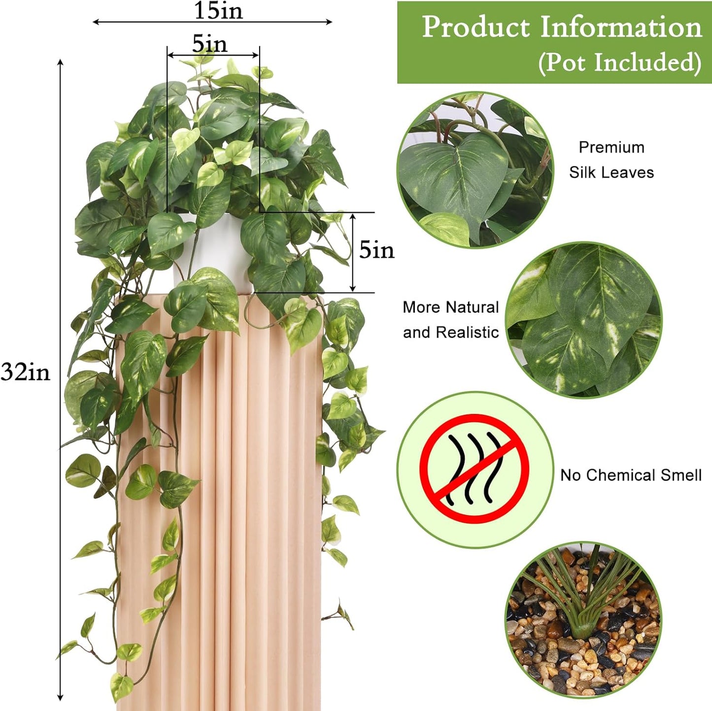 Artificial Plants Fake Pothos with Plastic Pot Artificial Potted Plant for Home Office Bedroom Indoor Outdoor Decor 1 Pack