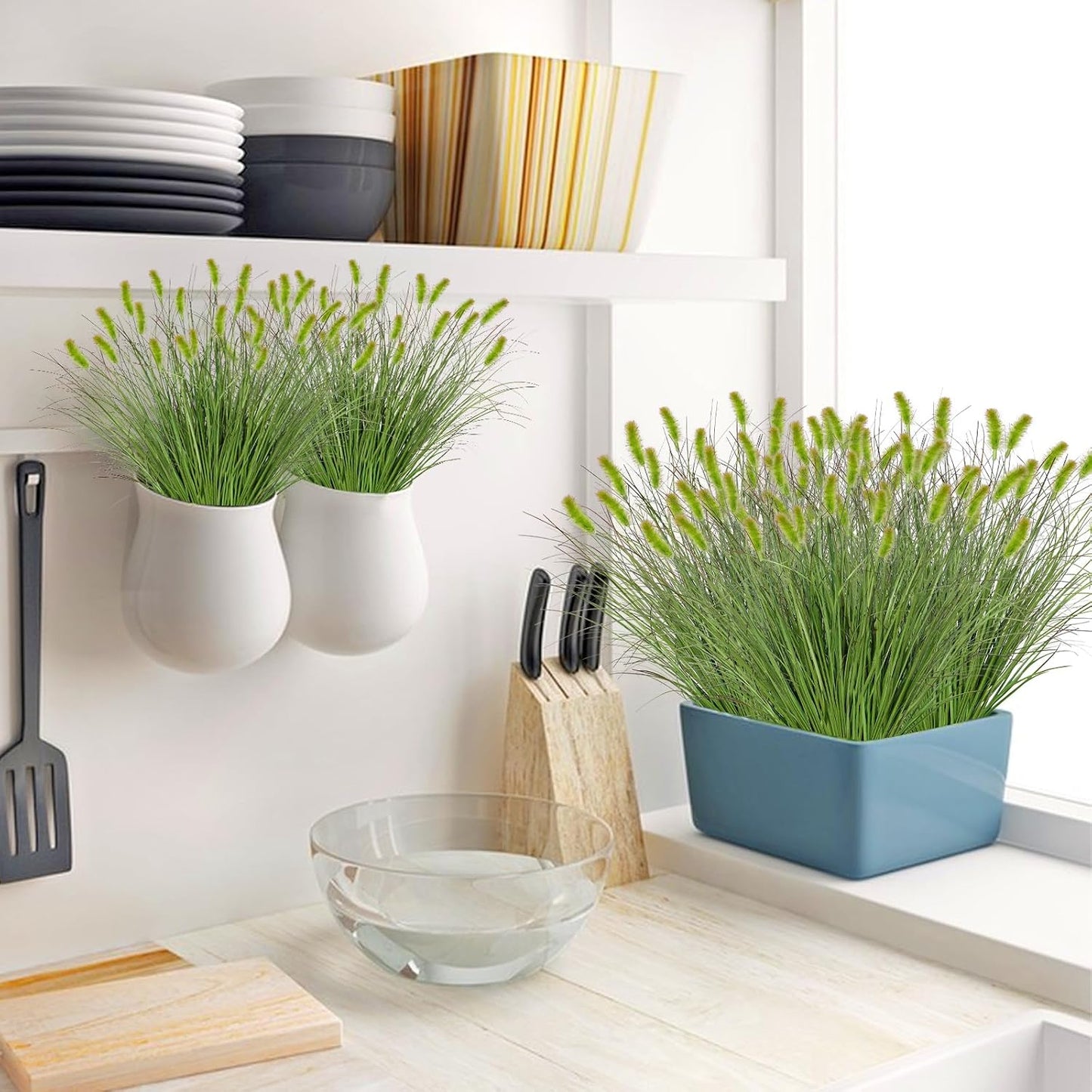 32 Bundles Artificial Plants Onion Grass Outdoor 20 Inch Tall Fake Shrubs Wheat Grass UV Resistant Greenery Stems Faux Bushes Plant for Indoor Outdoor Garden Office Home Decor, Green