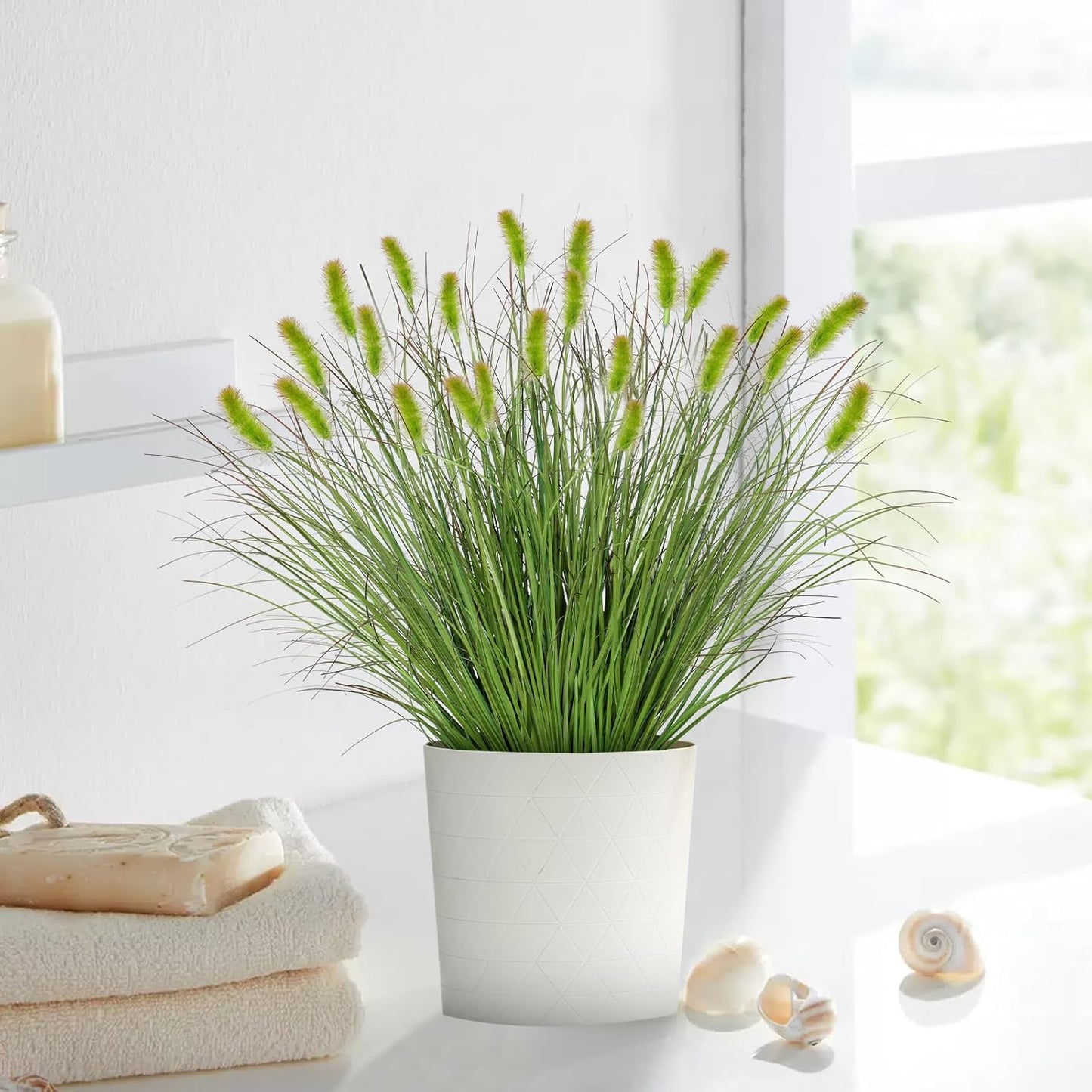 32 Bundles Artificial Plants Onion Grass Outdoor 20 Inch Tall Fake Shrubs Wheat Grass UV Resistant Greenery Stems Faux Bushes Plant for Indoor Outdoor Garden Office Home Decor, Green