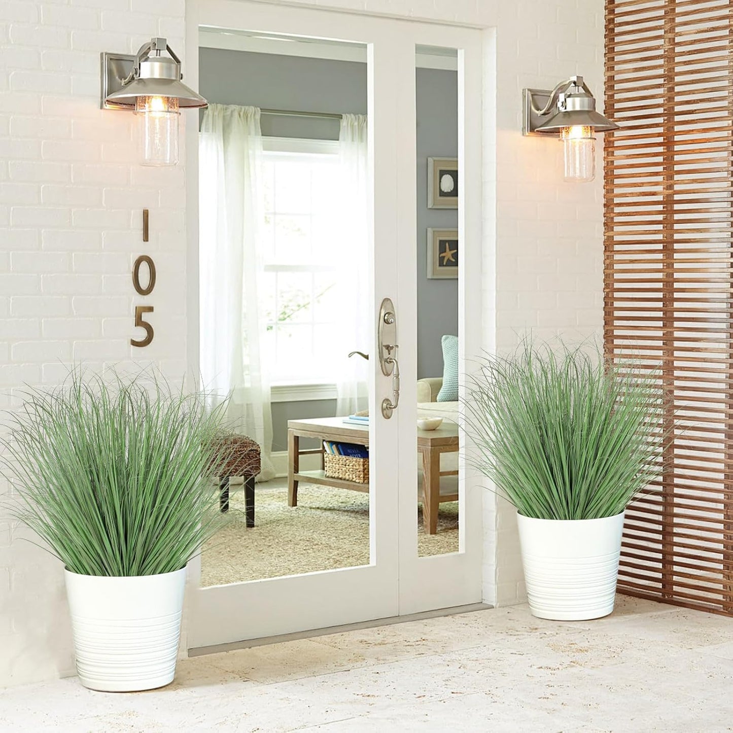 32 Bundles Artificial Plants Onion Grass Outdoor 20 Inch Tall Fake Shrubs Wheat Grass UV Resistant Greenery Stems Faux Bushes Plant for Indoor Outdoor Garden Office Home Decor, Green