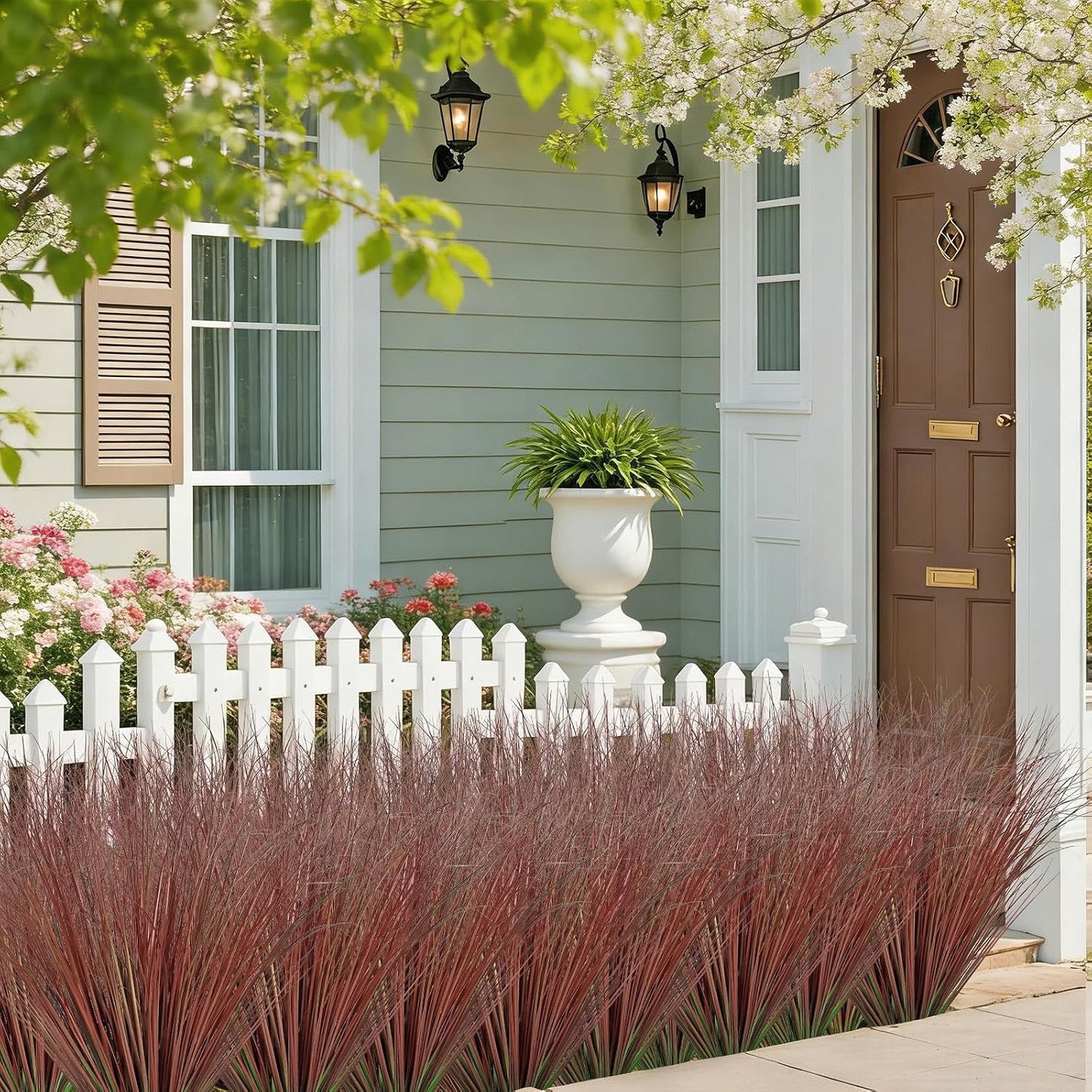 32 Bundles Artificial Plants Onion Grass Outdoor 20 Inch Tall Fake Shrubs Wheat Grass UV Resistant Greenery Stems Faux Bushes Plant for Indoor Outdoor Garden Office Home Decor, Green