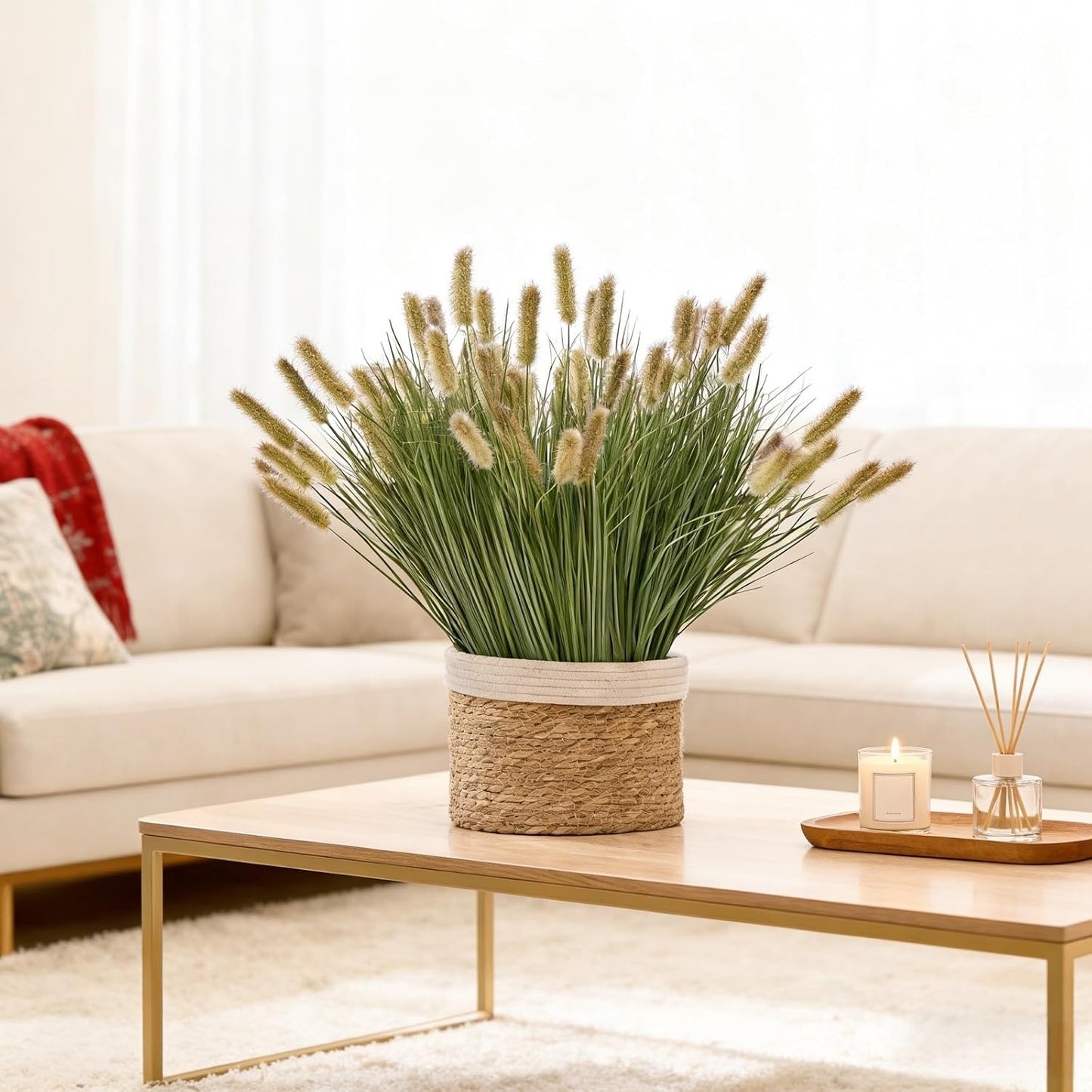 24 inches Extra Lush Artificial Reed Grass (6pcs), Luxury Fake Plants with 10 Heads Dogtail Flower, Luxury Faux Greenery with Dogtail for Garden Porch and Home Decor (Green-10)