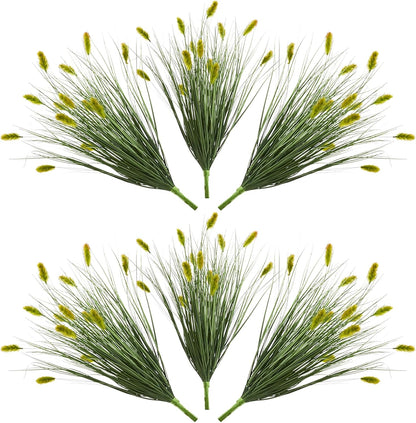 24 inches Extra Lush Artificial Reed Grass (6pcs), Luxury Fake Plants with 10 Heads Dogtail Flower, Luxury Faux Greenery with Dogtail for Garden Porch and Home Decor (Green-10)