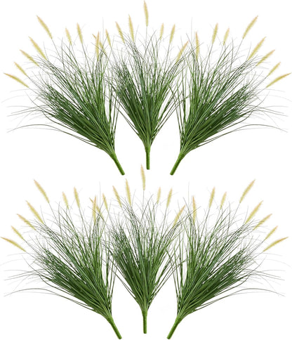 24 inches Extra Lush Artificial Reed Grass (6pcs), Luxury Fake Plants with 10 Heads Dogtail Flower, Luxury Faux Greenery with Dogtail for Garden Porch and Home Decor (Green-10)
