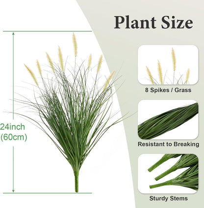 24 inches Extra Lush Artificial Reed Grass (6pcs), Luxury Fake Plants with 10 Heads Dogtail Flower, Luxury Faux Greenery with Dogtail for Garden Porch and Home Decor (Green-10)