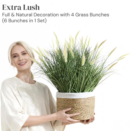24 inches Extra Lush Artificial Reed Grass (6pcs), Luxury Fake Plants with 10 Heads Dogtail Flower, Luxury Faux Greenery with Dogtail for Garden Porch and Home Decor (Green-10)