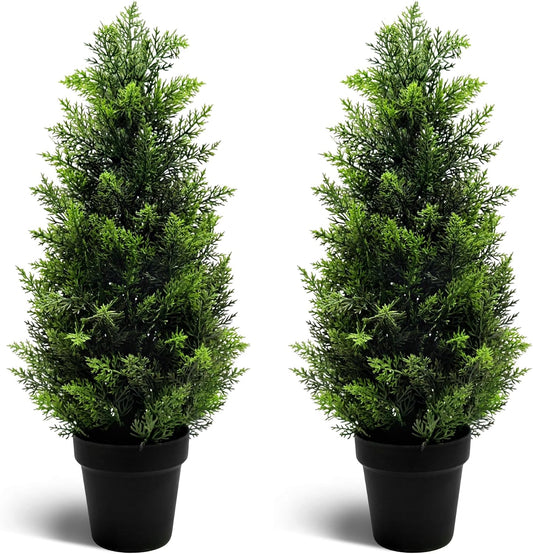 Two 2FT Artificial Cedar Trees, Beautiful and Realistic Fake Potted Trees,Artificial Evergreen Front Porch Decorations Plants, Suitable for Indoor, Office, Living Room and Room Decoration
