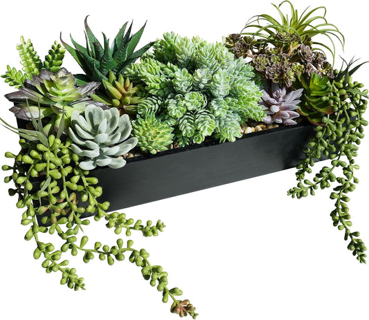 15" Artificial Succulents Arrangement Faux Succulents in Rectangular Black Wooden Planter Box Faux Potted Succulents Plant Garden for Gifts Home Table Centerpiece Mantel Greenery Décor