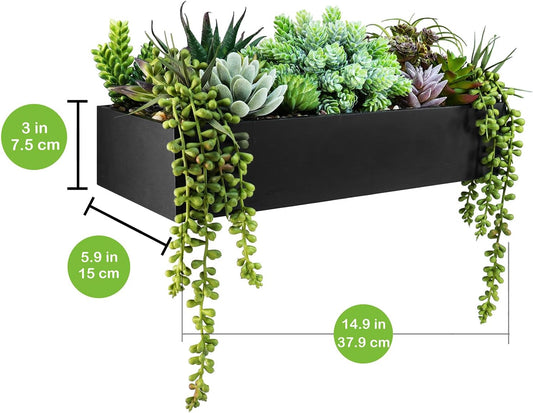 15" Artificial Succulents Arrangement Faux Succulents in Rectangular Black Wooden Planter Box Faux Potted Succulents Plant Garden for Gifts Home Table Centerpiece Mantel Greenery Décor