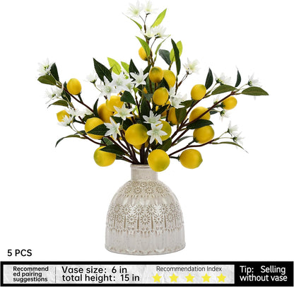 Artificial Lemon Fruit Flowers, 5pcs, 24 inch | Lifelike Artificial Plants, For Home, Office, Festival Decoration, Simulated Flower, Artificial Fruit