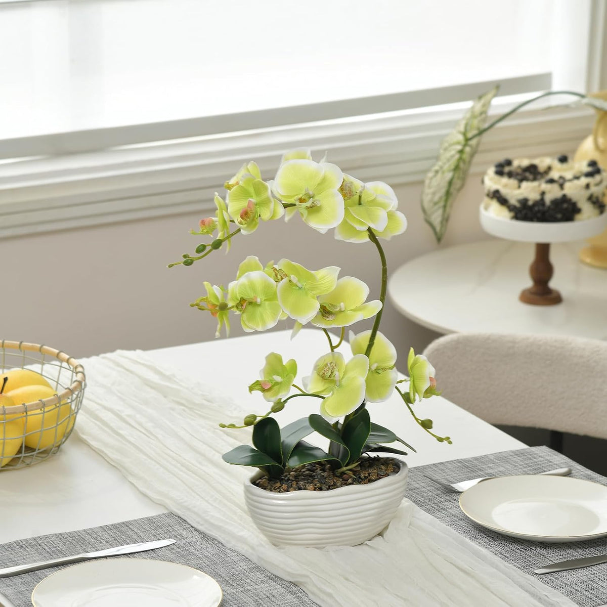Large Silk Orchid in Wave Pot 19" Phalaenopsis Centerpiece for Table, White