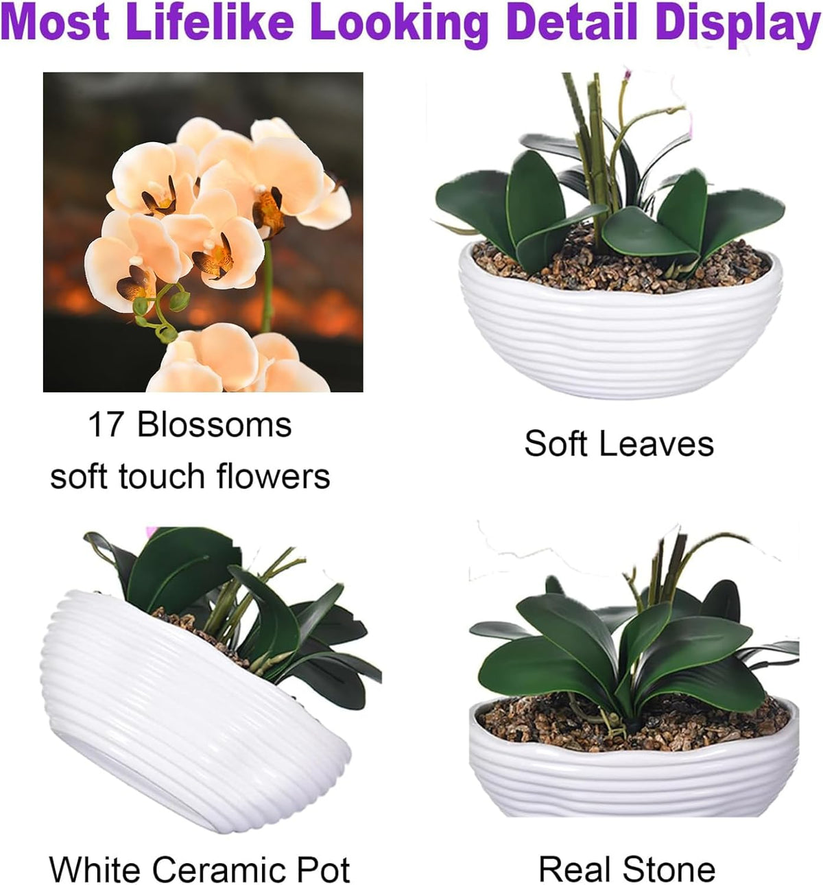 Large Silk Orchid in Wave Pot 19" Phalaenopsis Centerpiece for Table, White