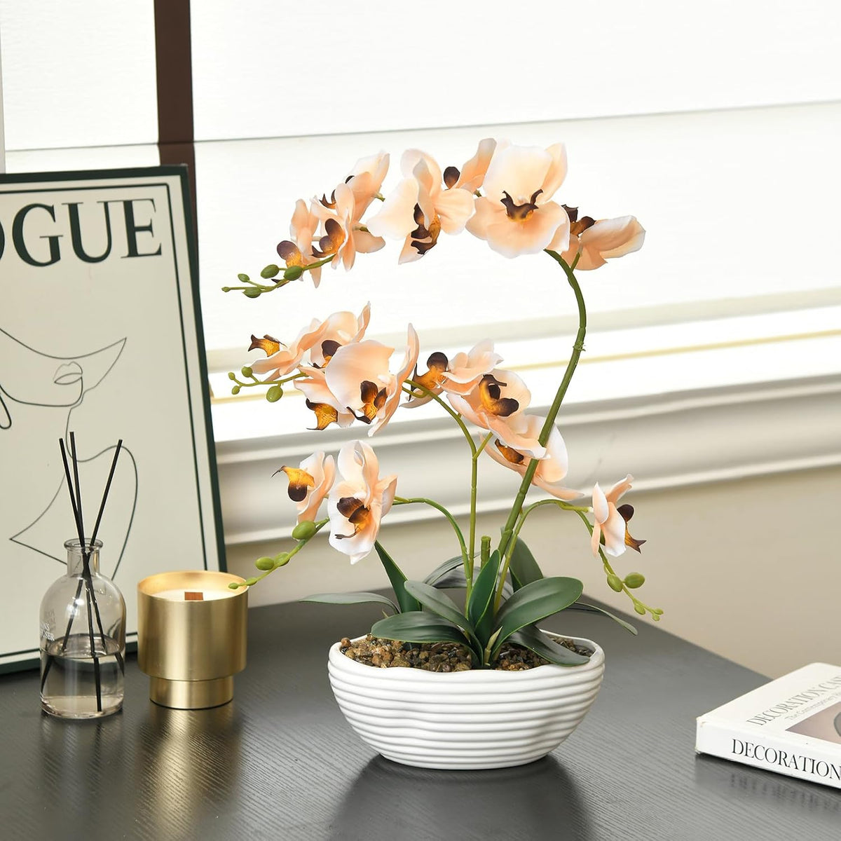 Large Silk Orchid in Wave Pot 19" Phalaenopsis Centerpiece for Table, White