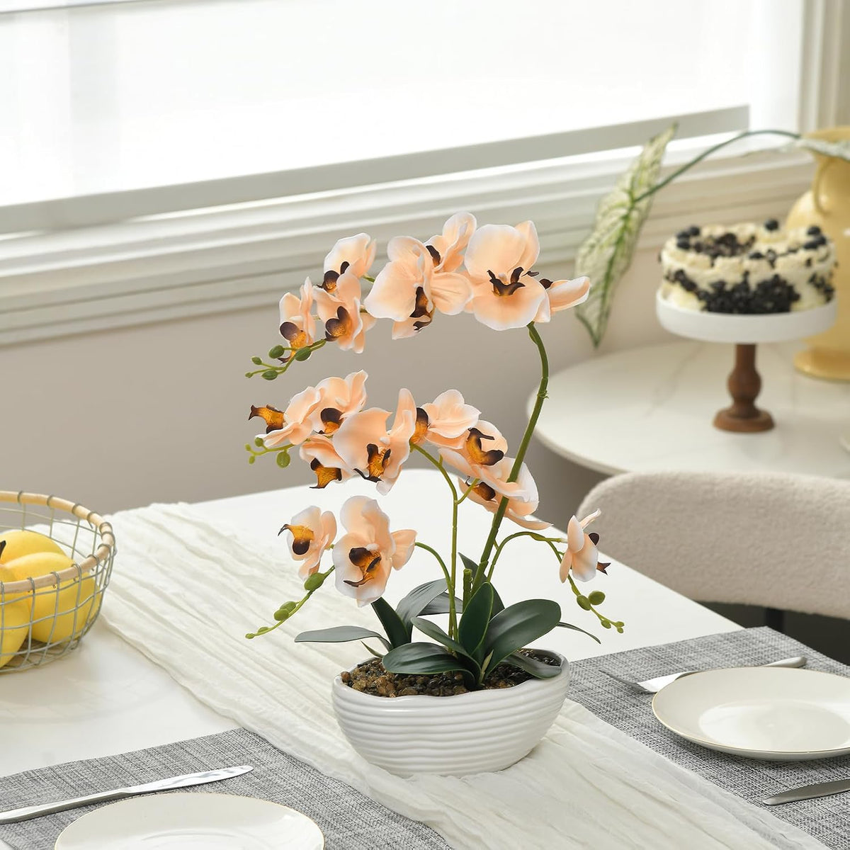 Large Silk Orchid in Wave Pot 19" Phalaenopsis Centerpiece for Table, White