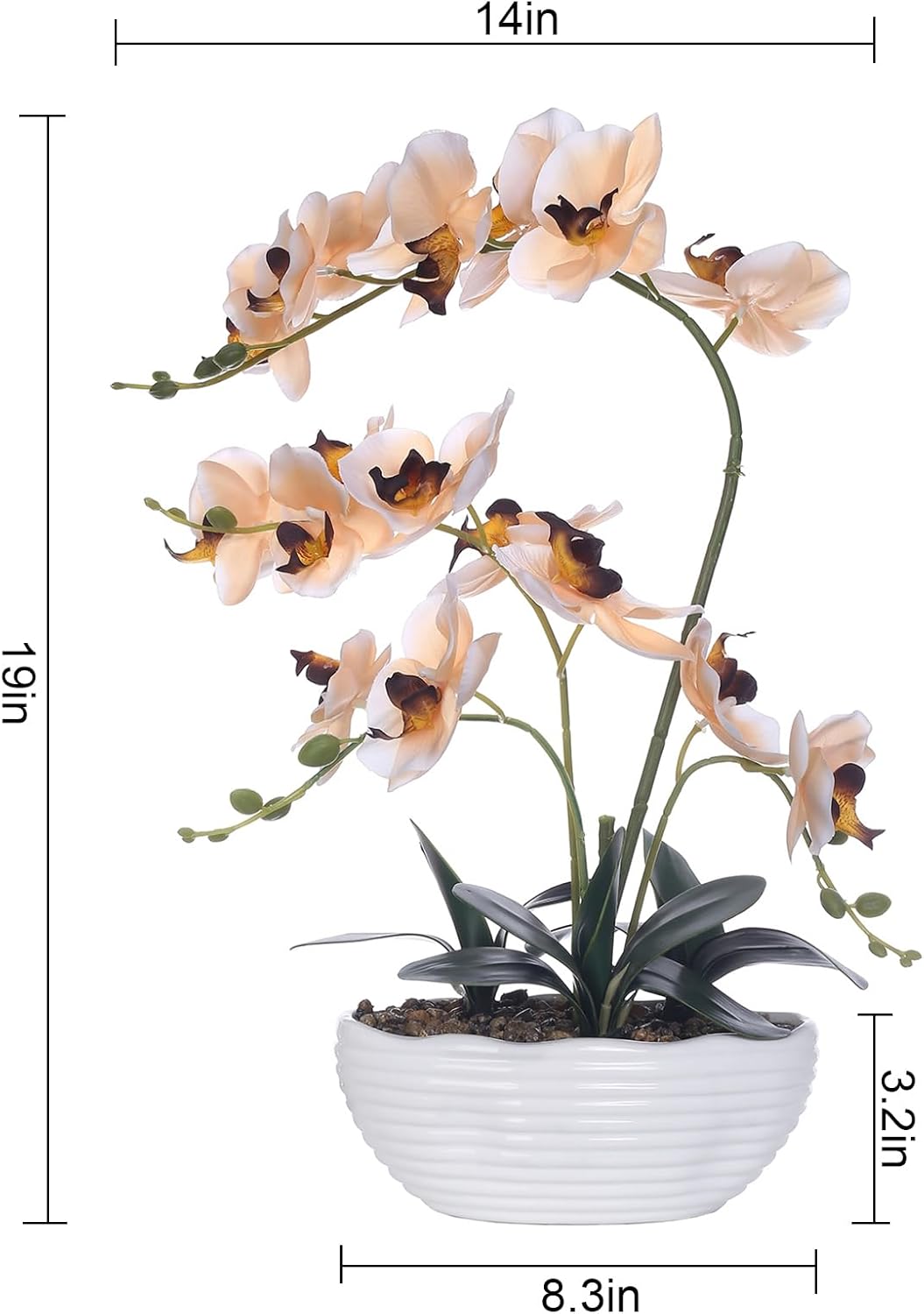 Large Silk Orchid in Wave Pot 19" Phalaenopsis Centerpiece for Table, White