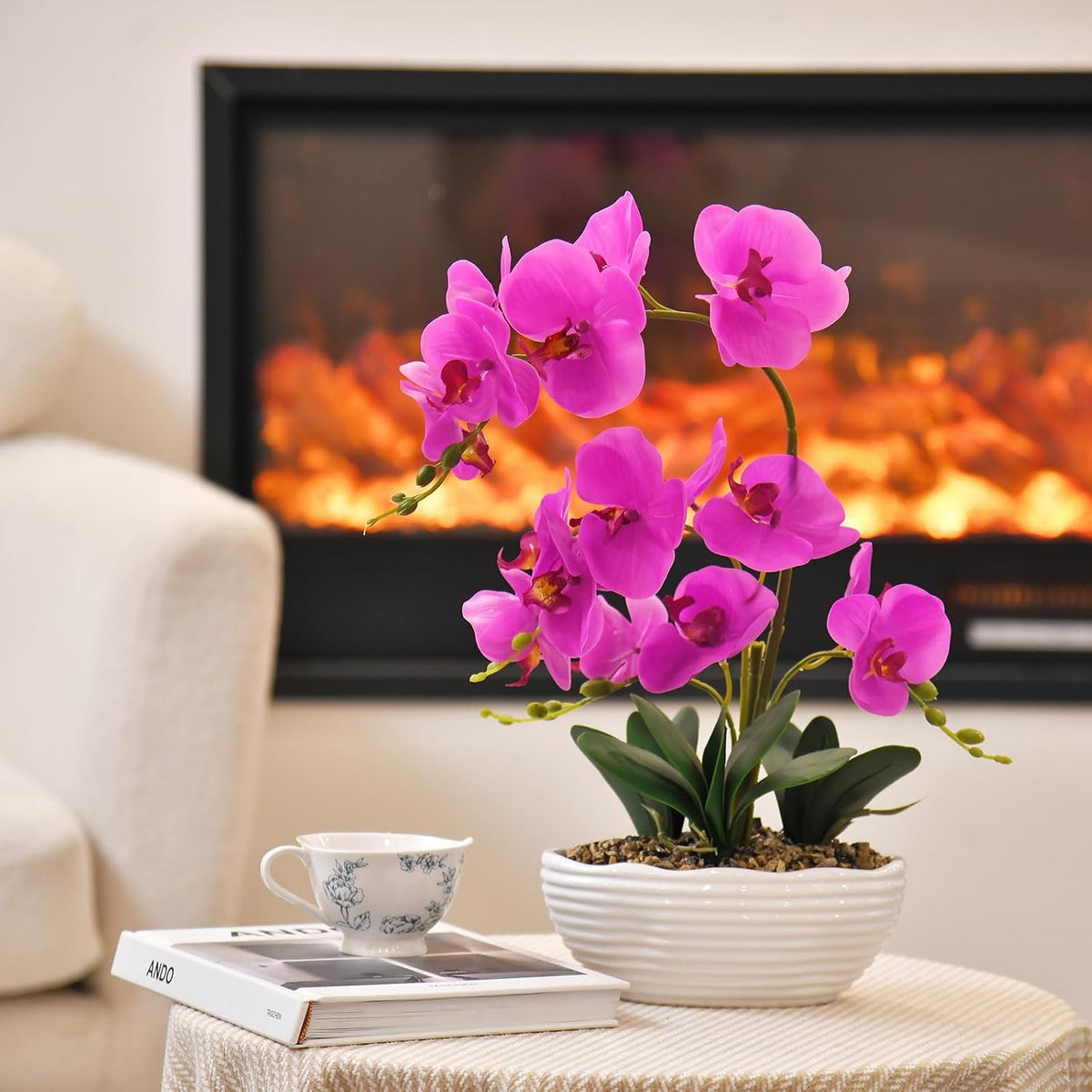 Large Silk Orchid in Wave Pot 19" Phalaenopsis Centerpiece for Table, White