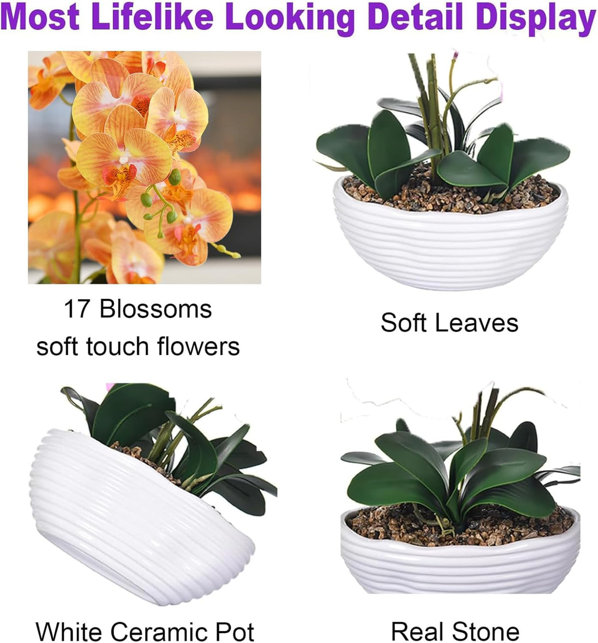 Large Silk Orchid in Wave Pot 19" Phalaenopsis Centerpiece for Table, White