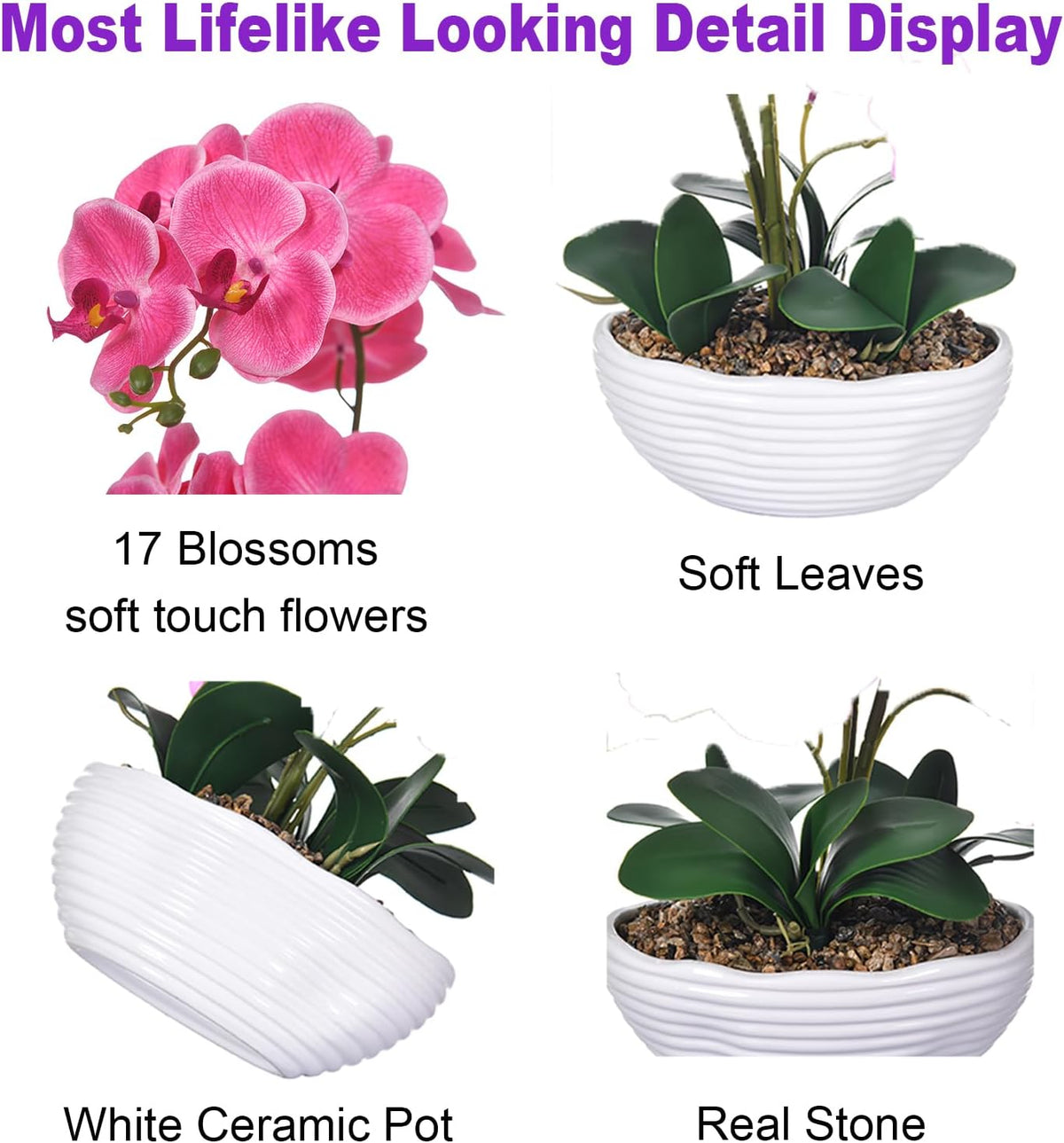 Large Silk Orchid in Wave Pot 19" Phalaenopsis Centerpiece for Table, White