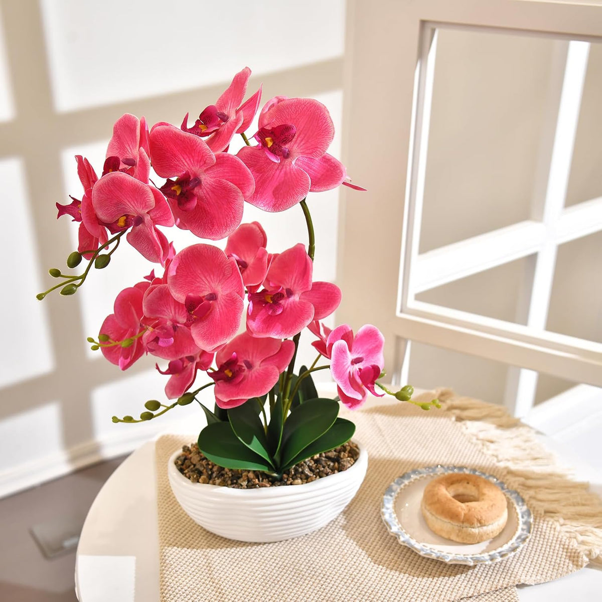 Large Silk Orchid in Wave Pot 19" Phalaenopsis Centerpiece for Table, White