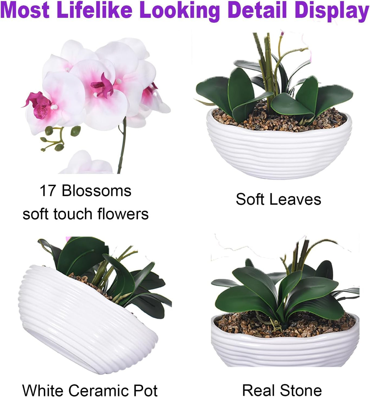 Large Silk Orchid in Wave Pot 19" Phalaenopsis Centerpiece for Table, White