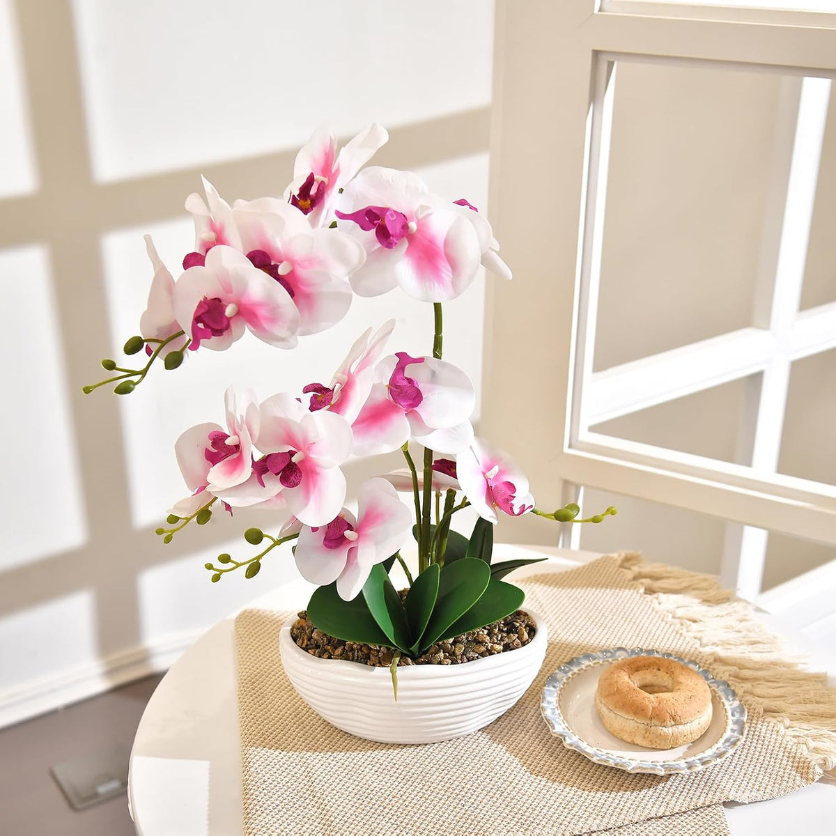 Large Silk Orchid in Wave Pot 19" Phalaenopsis Centerpiece for Table, White