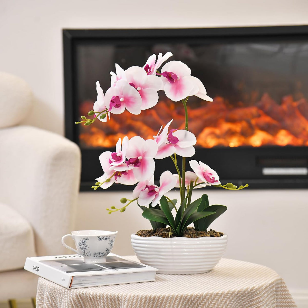 Large Silk Orchid in Wave Pot 19" Phalaenopsis Centerpiece for Table, White