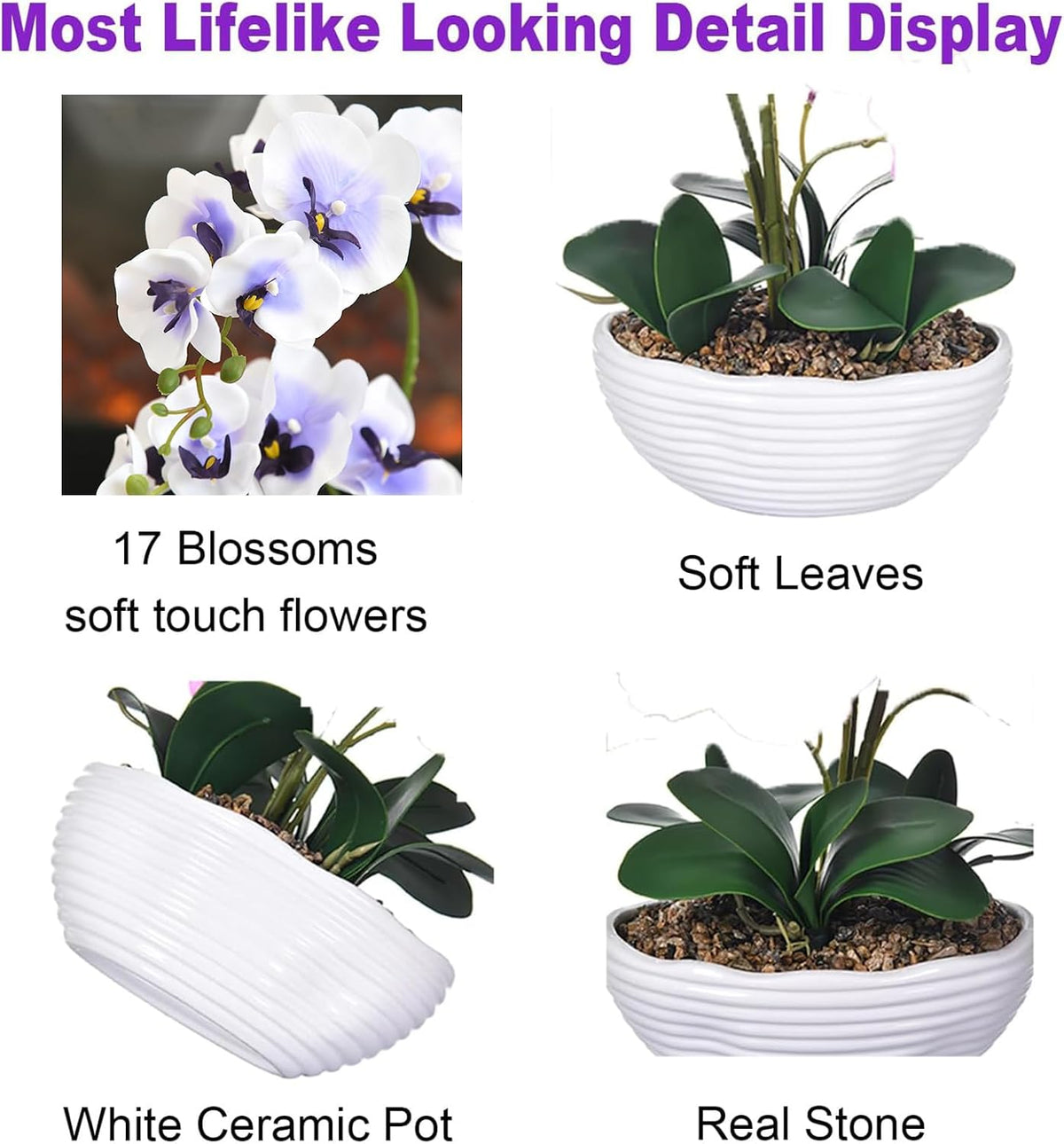 Large Silk Orchid in Wave Pot 19" Phalaenopsis Centerpiece for Table, White