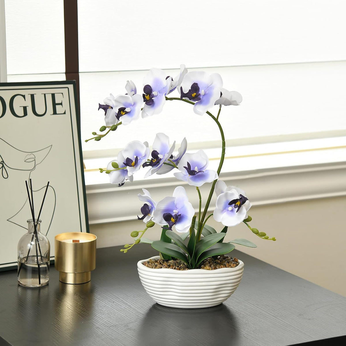 Large Silk Orchid in Wave Pot 19" Phalaenopsis Centerpiece for Table, White