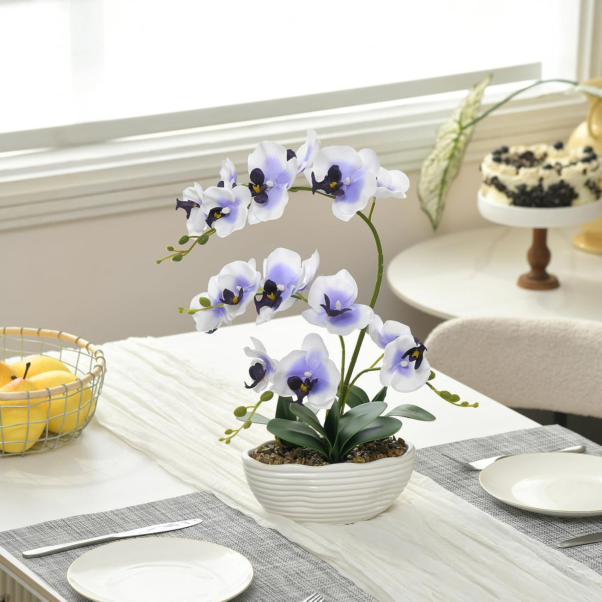 Large Silk Orchid in Wave Pot 19" Phalaenopsis Centerpiece for Table, White