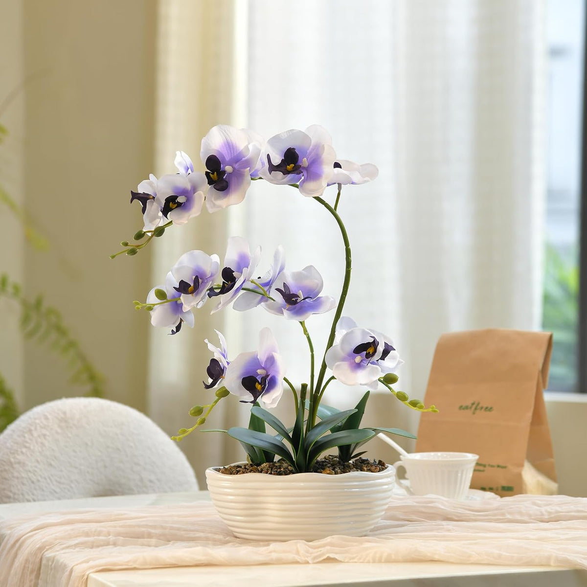 Large Silk Orchid in Wave Pot 19" Phalaenopsis Centerpiece for Table, White
