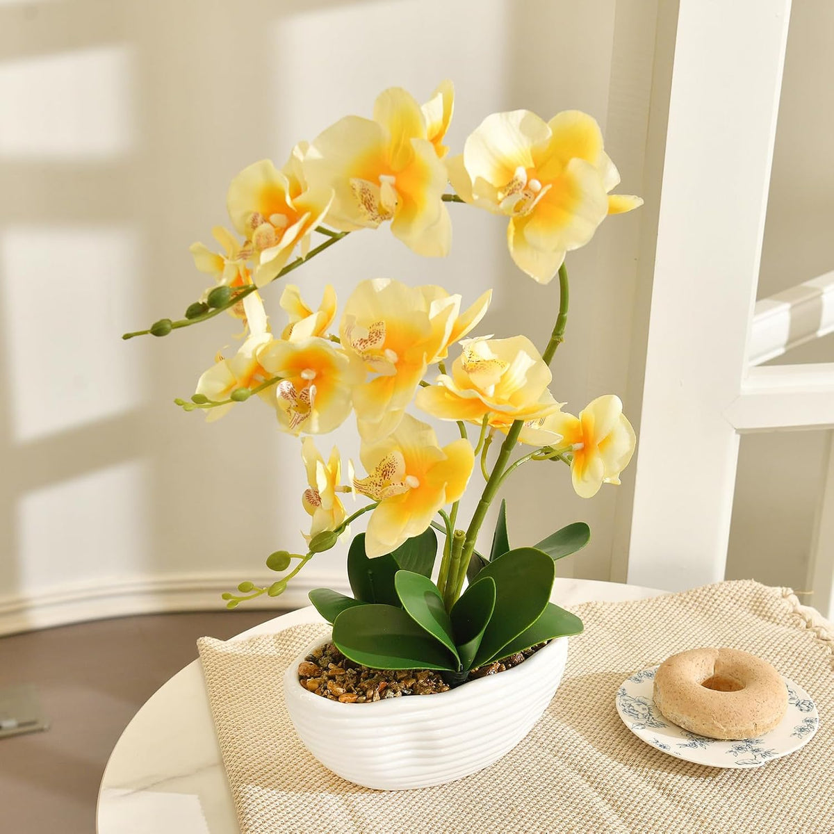 Large Silk Orchid in Wave Pot 19" Phalaenopsis Centerpiece for Table, White