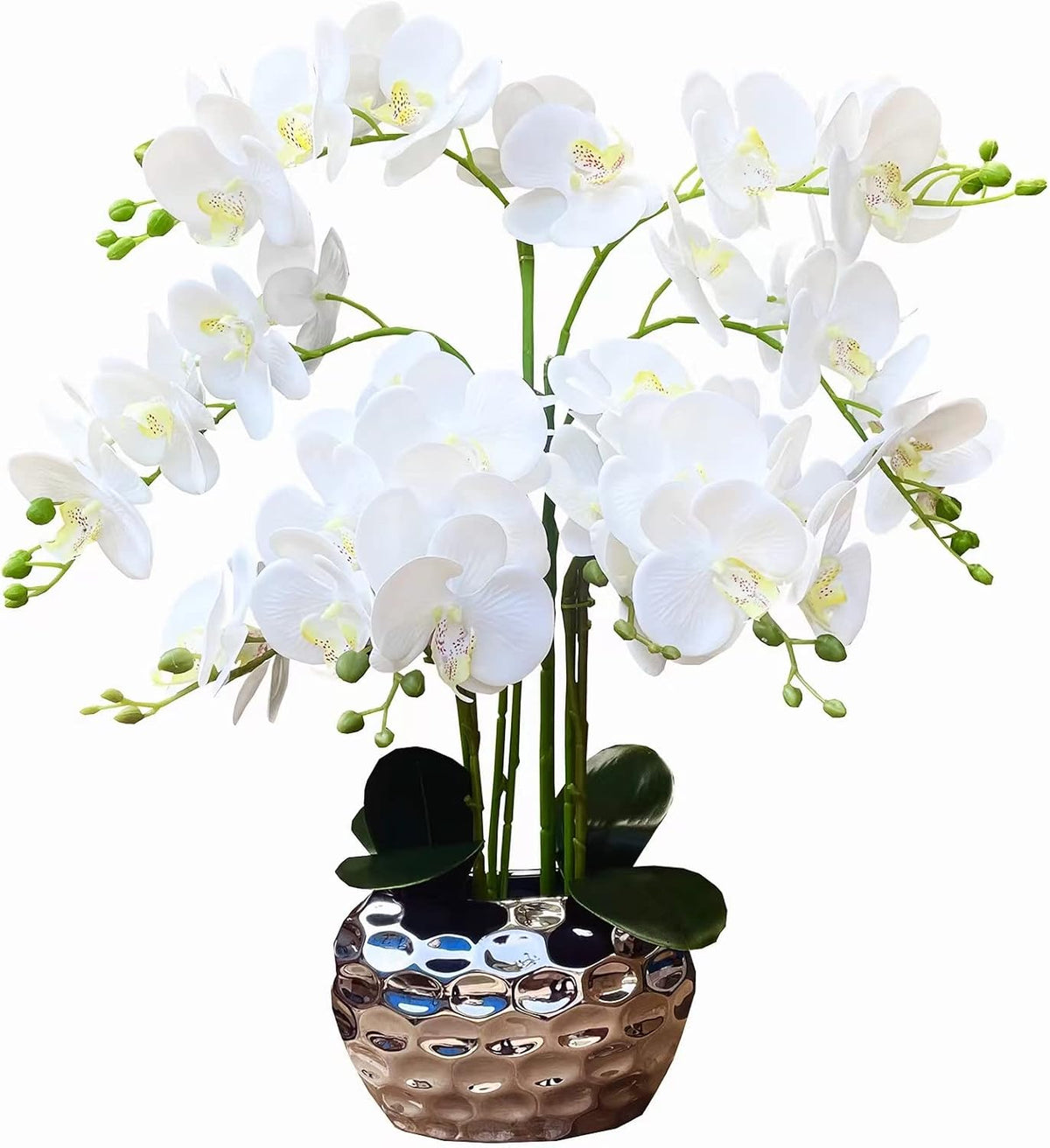 Orchid Artificial Flowers for Home Decor, Faux Orchids with Silver Vase Phalaenopsis Fake Flowers Real Touch Flowers Plants White Orquideas Arrangements in Pot Table Centerpiece Decoration