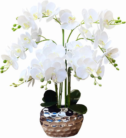 Orchid Artificial Flowers for Home Decor, Faux Orchids with Silver Vase Phalaenopsis Fake Flowers Real Touch Flowers Plants White Orquideas Arrangements in Pot Table Centerpiece Decoration