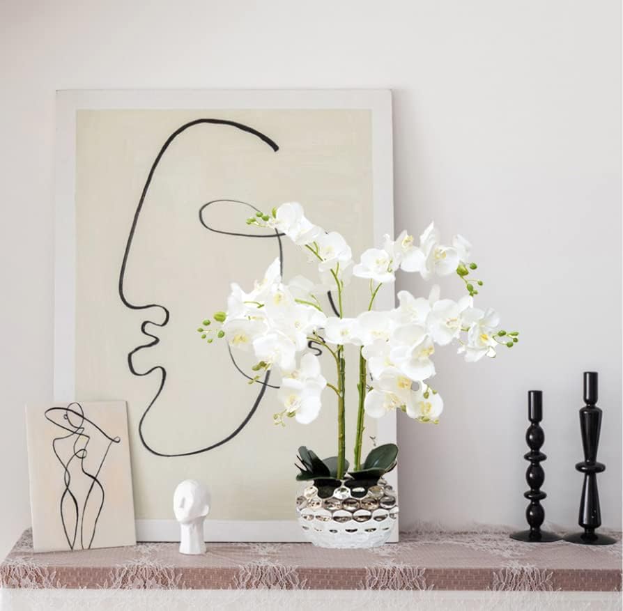 Orchid Artificial Flowers for Home Decor, Faux Orchids with Silver Vase Phalaenopsis Fake Flowers Real Touch Flowers Plants White Orquideas Arrangements in Pot Table Centerpiece Decoration