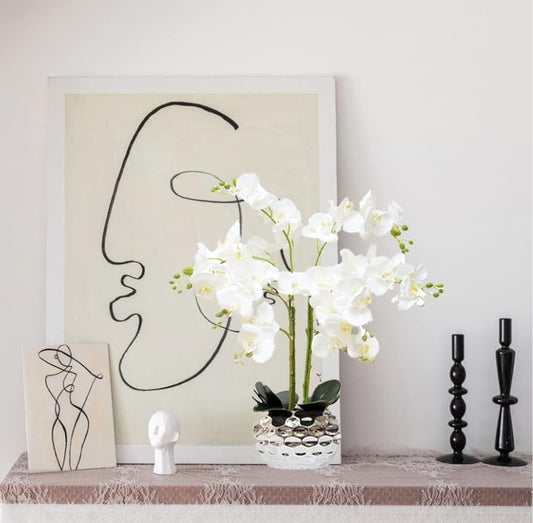 Orchid Artificial Flowers for Home Decor, Faux Orchids with Silver Vase Phalaenopsis Fake Flowers Real Touch Flowers Plants White Orquideas Arrangements in Pot Table Centerpiece Decoration