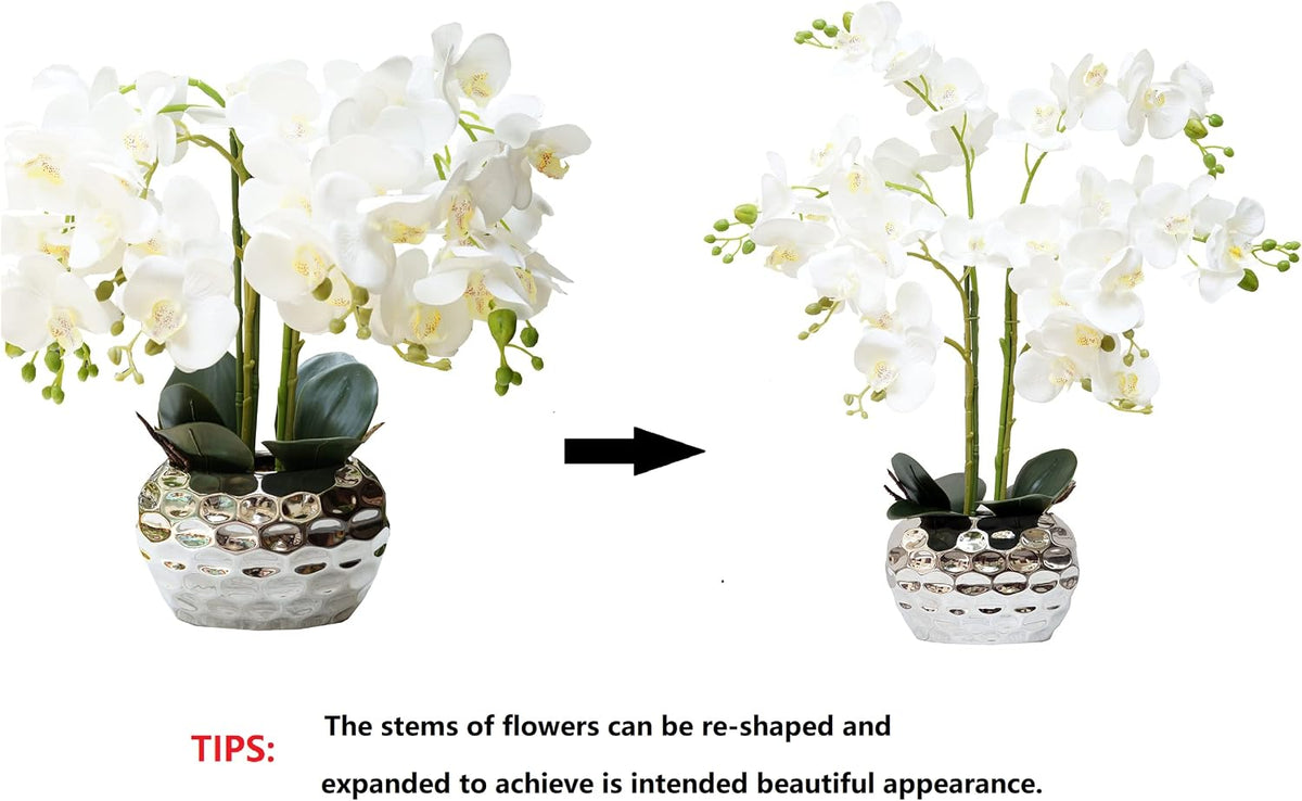 Orchid Artificial Flowers for Home Decor, Faux Orchids with Silver Vase Phalaenopsis Fake Flowers Real Touch Flowers Plants White Orquideas Arrangements in Pot Table Centerpiece Decoration