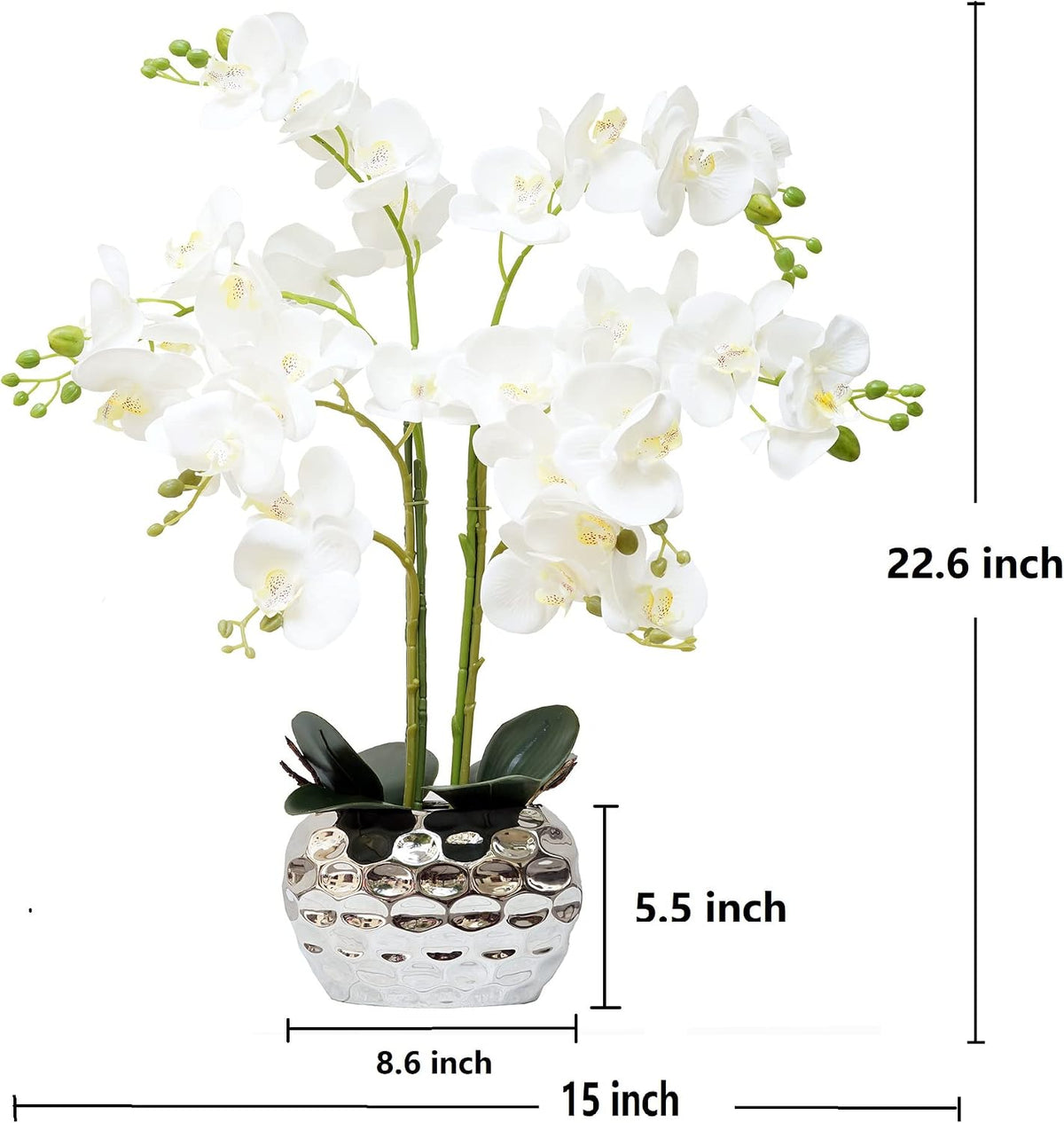 Orchid Artificial Flowers for Home Decor, Faux Orchids with Silver Vase Phalaenopsis Fake Flowers Real Touch Flowers Plants White Orquideas Arrangements in Pot Table Centerpiece Decoration