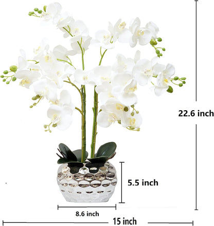 Orchid Artificial Flowers for Home Decor, Faux Orchids with Silver Vase Phalaenopsis Fake Flowers Real Touch Flowers Plants White Orquideas Arrangements in Pot Table Centerpiece Decoration