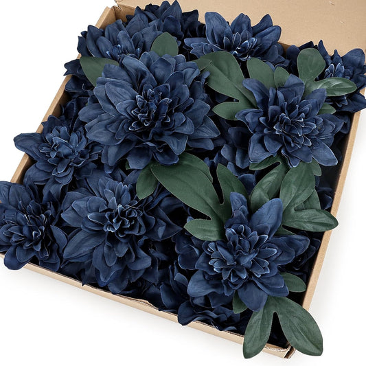 Navy Blue Dahlia Artificial Flowers with Stems, Silk, 24 PCS