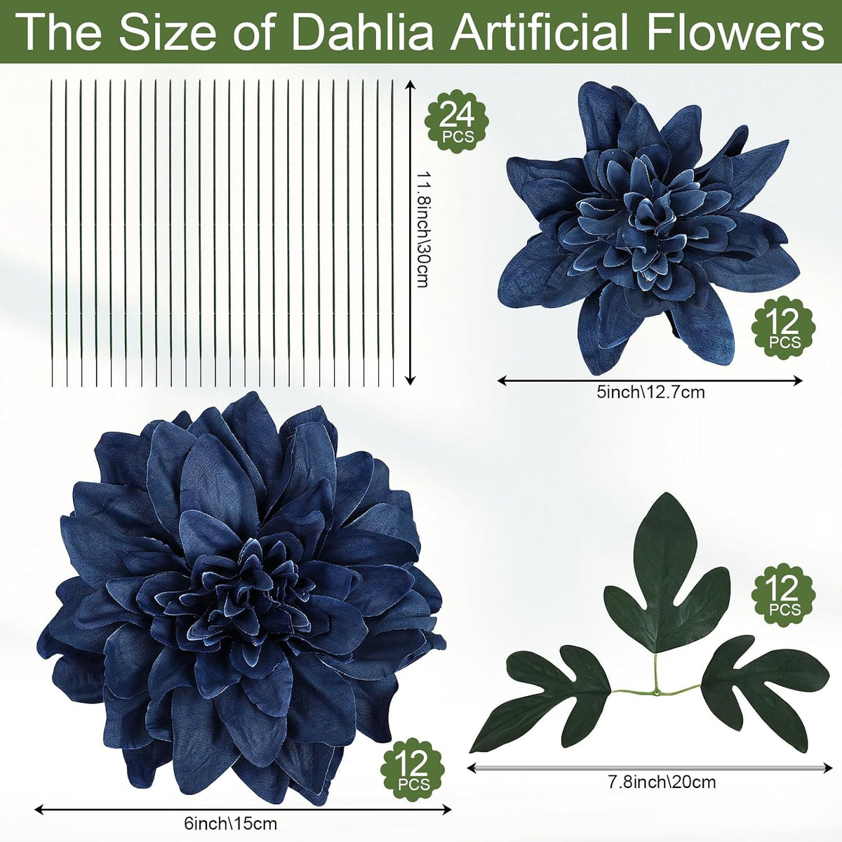 Navy Blue Dahlia Artificial Flowers with Stems, Silk, 24 PCS