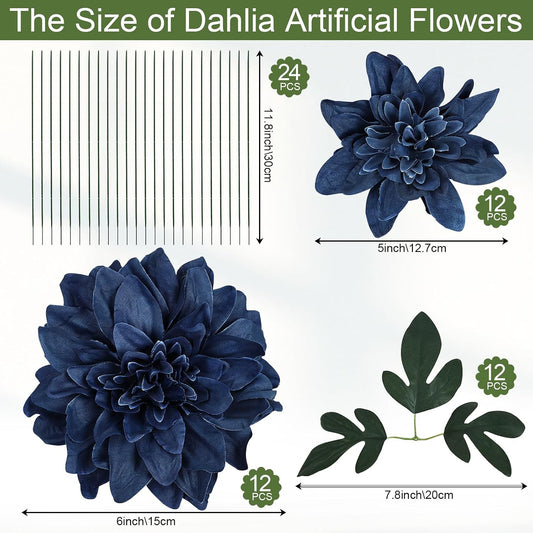 Navy Blue Dahlia Artificial Flowers with Stems, Silk, 24 PCS