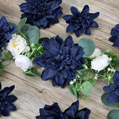 Navy Blue Dahlia Artificial Flowers with Stems, Silk, 24 PCS
